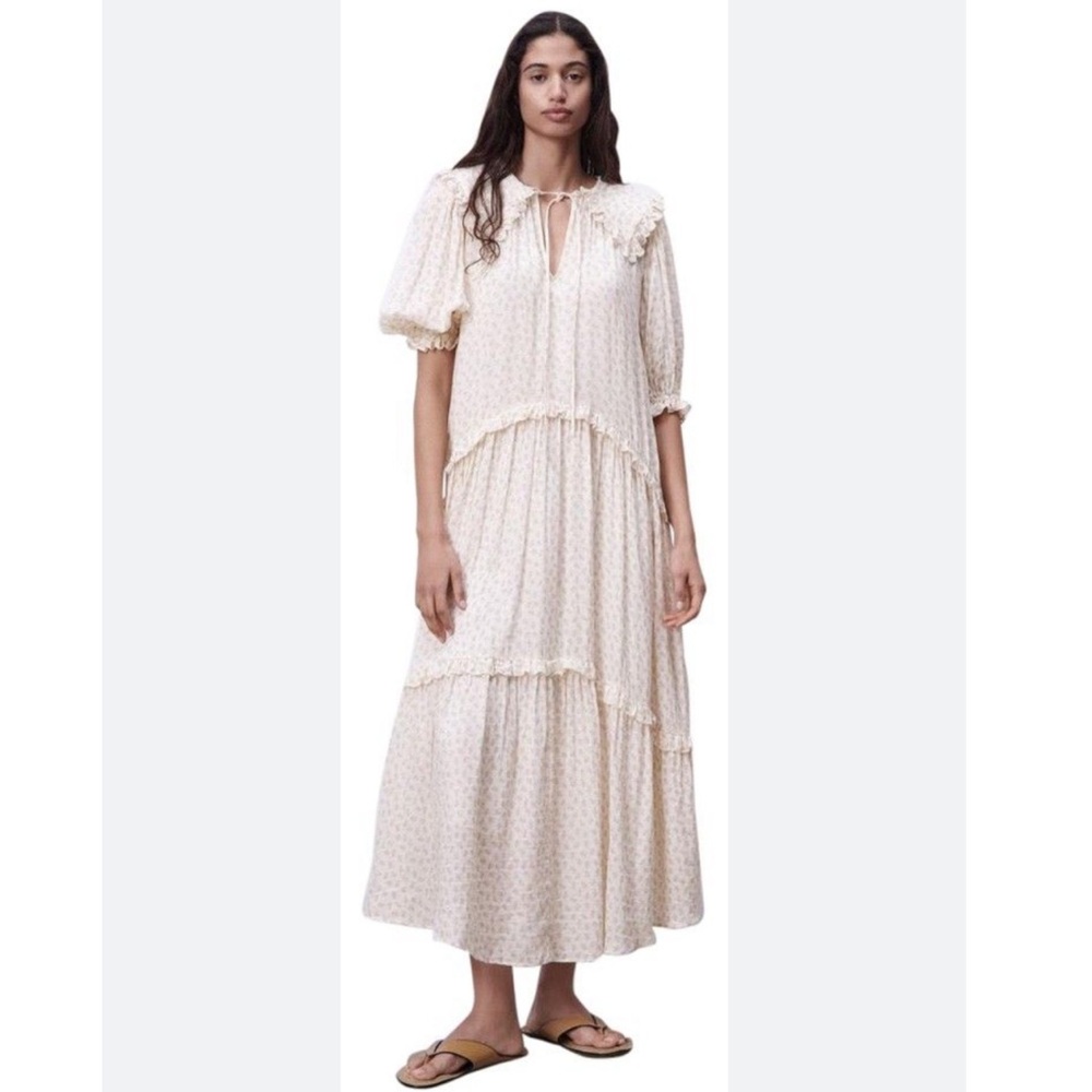 ZARA Floral Printed Muslin Midi Dress Ecru Beige